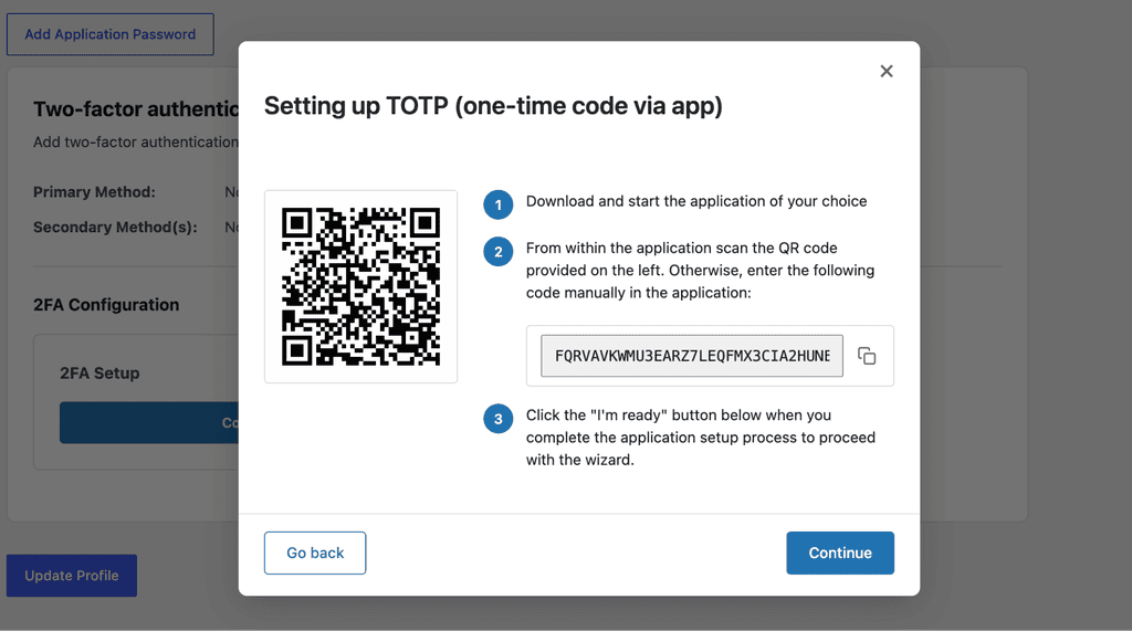 Setting up TOTP via app