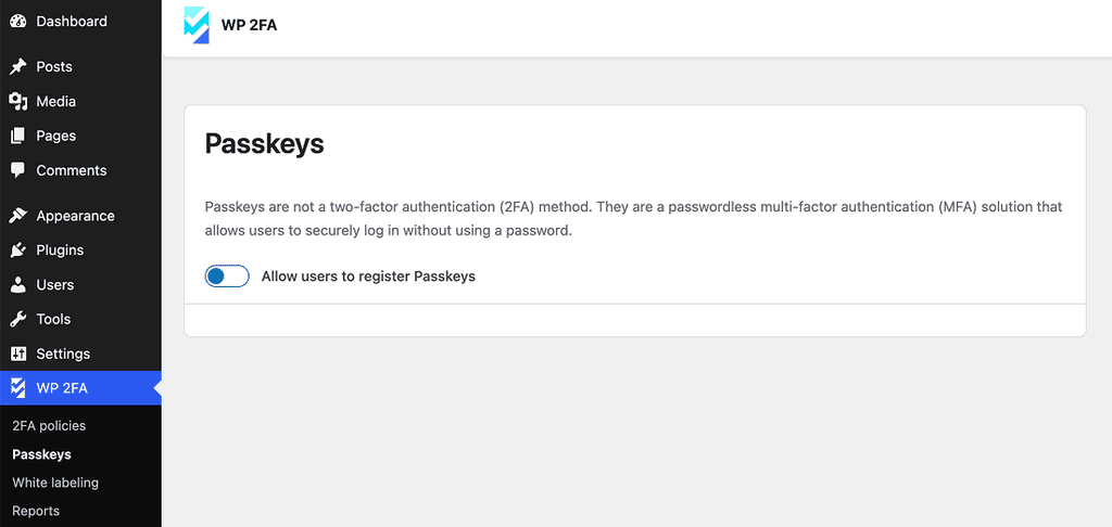 example of passkeys enabling in wp 2fa plugin