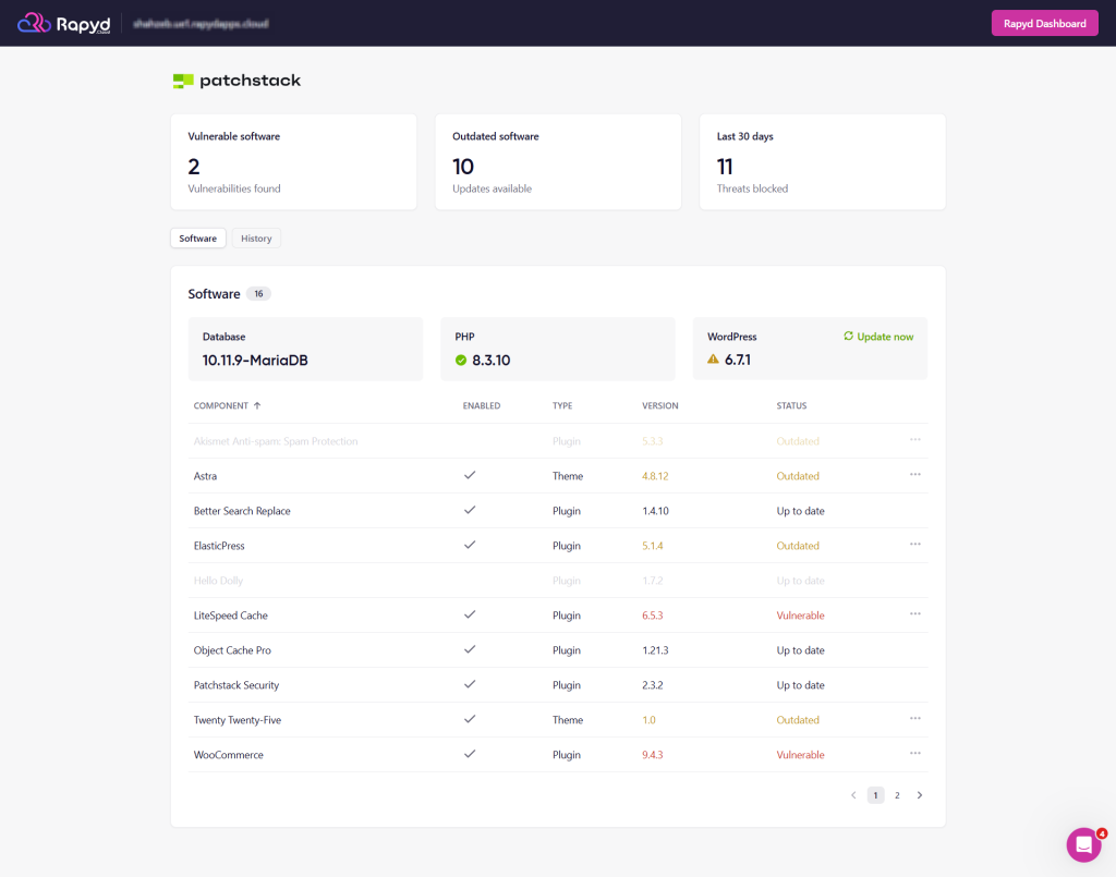 How Rapyd Cloud integrates Patchstack into their hosting dashboard