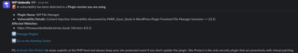 WP Umbrella Slack notifications about security and vulnerable plugins and themes