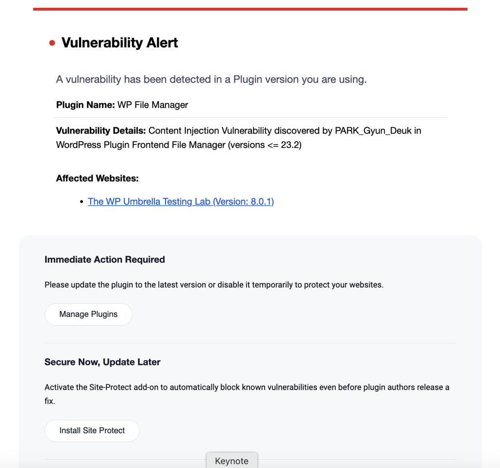 WP Umbrella vulnerability notification powered by Patchstack