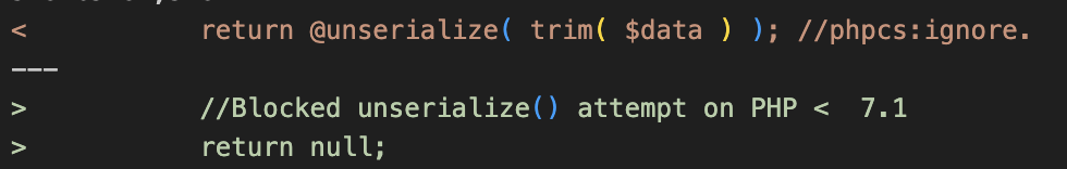 A screenshot of a portion of diff(1) output, showing the changes which relate to this vulnerability