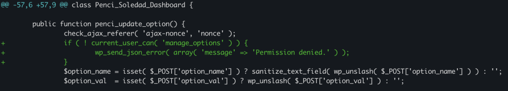 A screenshot of diff output between the unpatched and patched version of the file, showing the addition of a current_user_can() permission check.