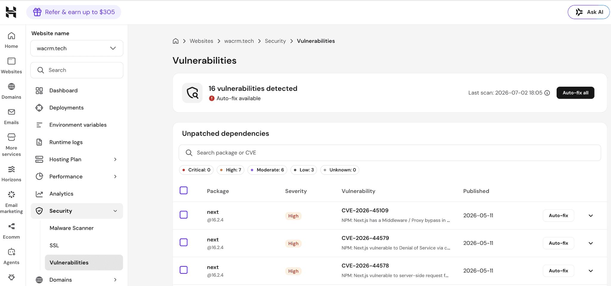 Hostinger's Node.js hosting dashboard showing Patchstack vulnerability intelligence integration