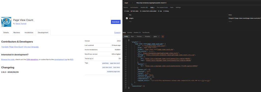 The Page View Count plugin did the same dance: plugin page and metadata API at 2.9.2, update-check stuck on 2.9.1, the version with a lower-privilege settings-change bug. 