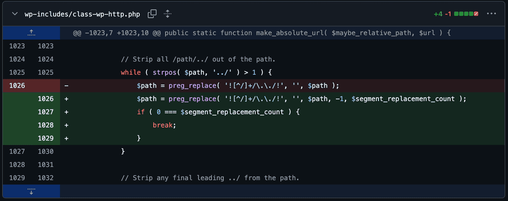 A screenshot of the diff for wp-includes/class-wp-http.php from GitHub.