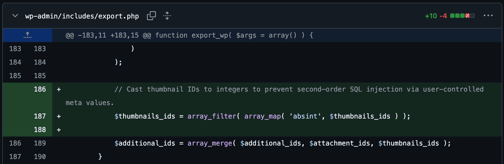 A screenshot of the diff for wp-admin/includes/export.php from GitHub.