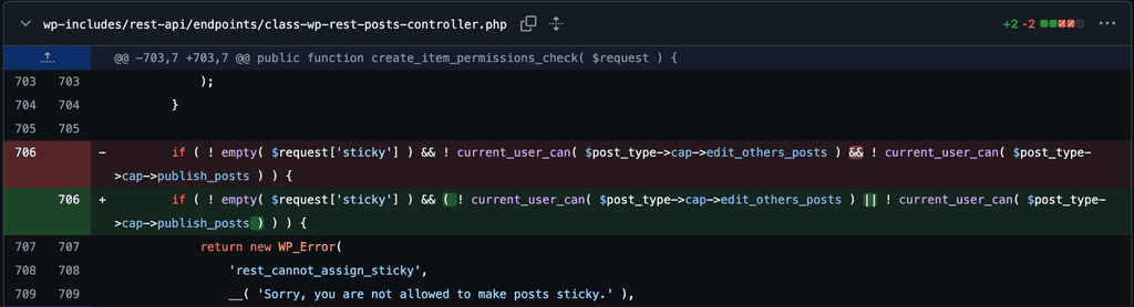 A screenshot of the diff for wp-includes/rest-api/endpoints/class-wp-rest-posts-controller.php from GitHub.